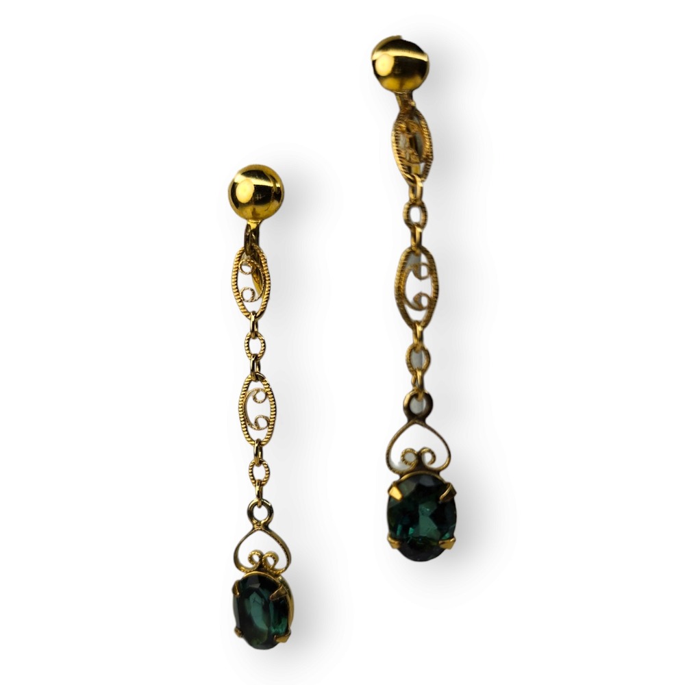 Sorrento Dangle Earrings 12KT GF OS Blue Green Filigree Vintage Screw Back